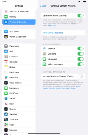 Press the indicators next to the required applications to turn the function on or off.