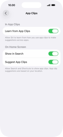 Press the indicators next to the required settings to turn them on or off.