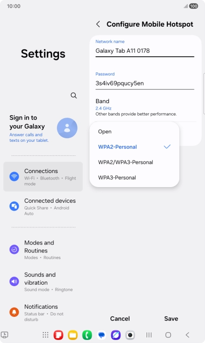 Press WPA3-Personal to password protect your Wi-Fi hotspot. Press WPA3-Personal to password protect your Wi-Fi hotspot.