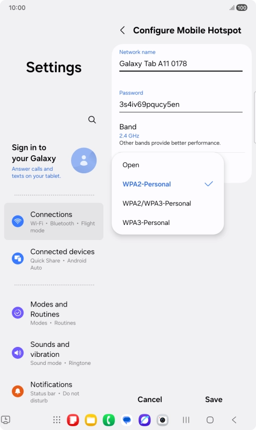 Press WPA3-Personal to password protect your Wi-Fi hotspot. Press WPA3-Personal to password protect your Wi-Fi hotspot.