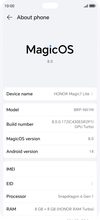 Your phone's software version is displayed next to Android version.