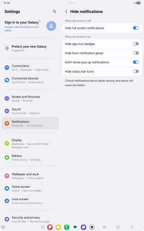 Press the indicators next to the required settings to turn display of the selected notification types on or off. Press the indicators next to the required settings to turn display of the selected notification types on or off.