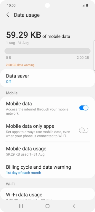 The total data usage is displayed. The total data usage is displayed.