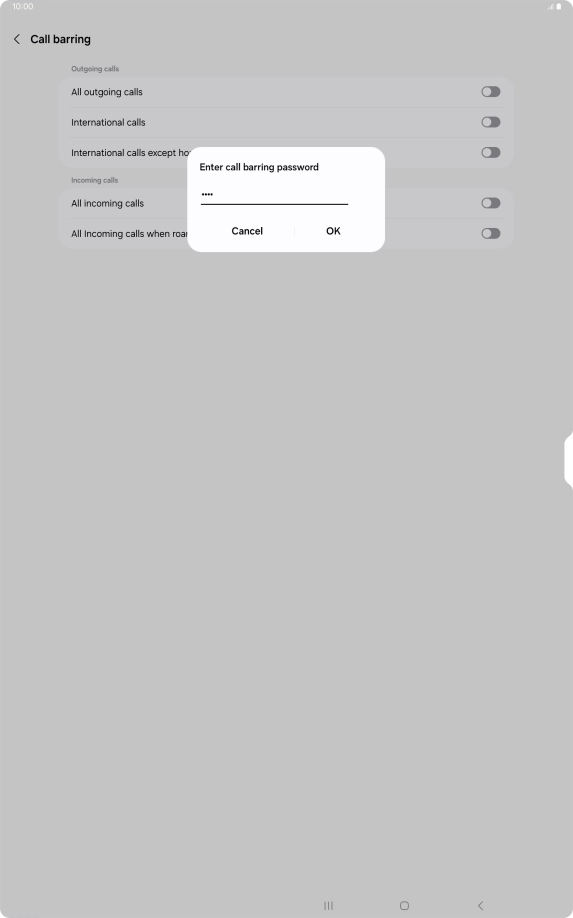 Key in your barring password and press OK. The default barring password is 1919. Key in your barring password and press OK. The default barring password is 1919.