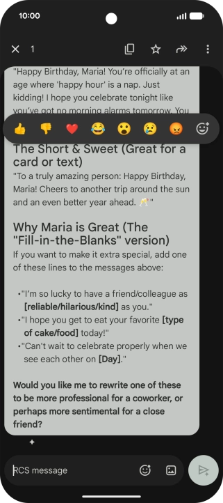 Press and hold the text suggestion from Gemini. Follow the instructions on the screen to use the text suggestion. Press and hold the text suggestion from Gemini. Follow the instructions on the screen to use the text suggestion.