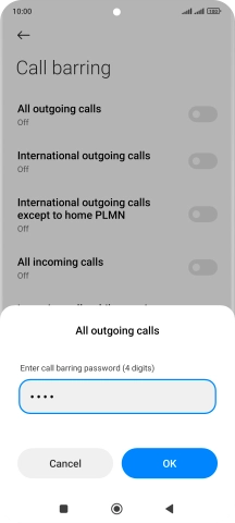 Key in your barring password and press OK. The default barring password is 1919.