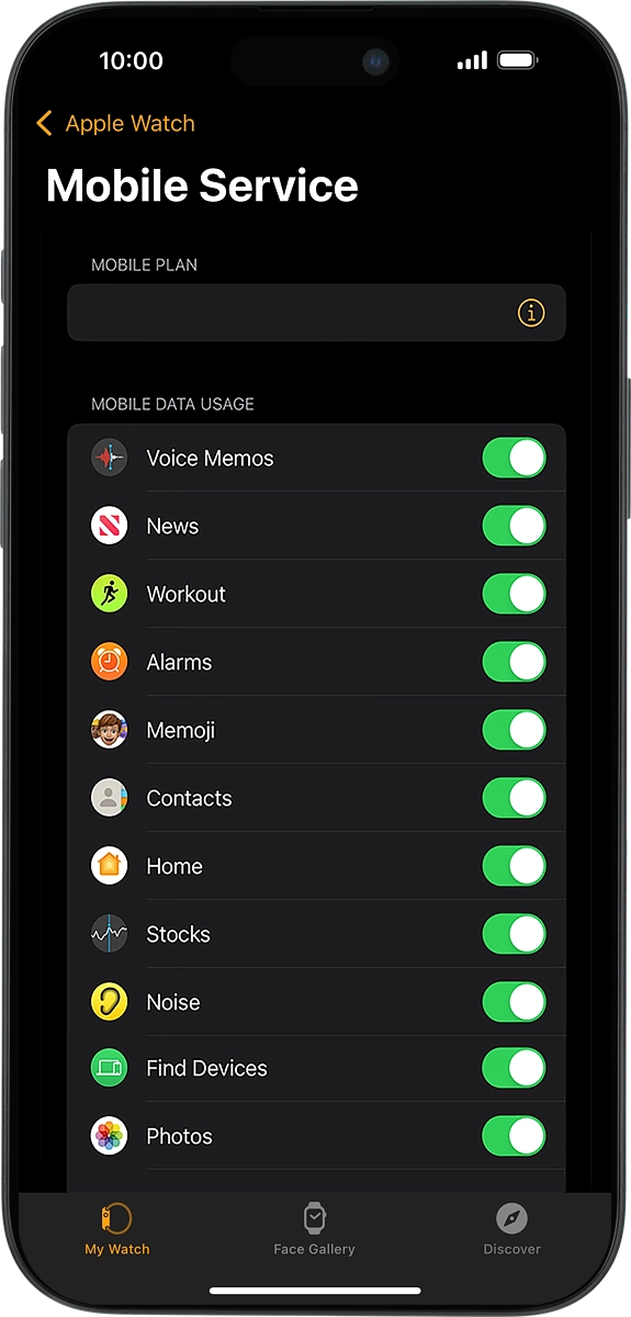 On your phone: If you've bought your Apple Watch from Vodafone, you already have a OneNumber Connectivity price plan and this screen, showing the active price plan, should be displayed.