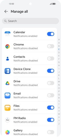 Press the indicators next to the required apps to turn the function on or off.