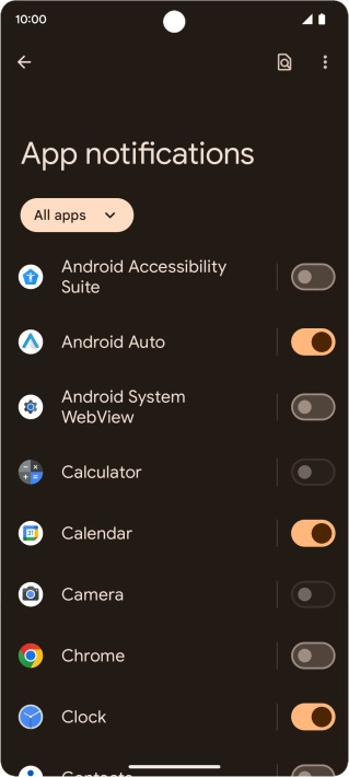 Press the indicator next to the required apps to turn the function on or off.