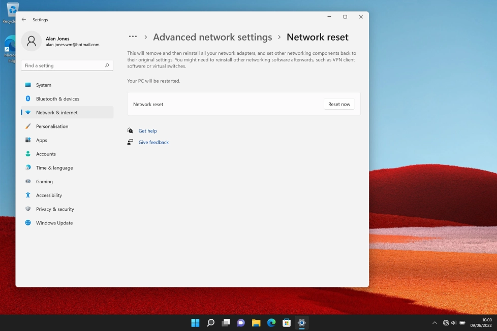 Click Reset now. Click Reset now.