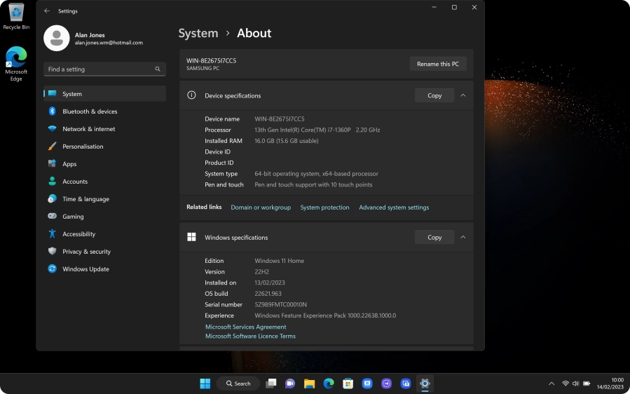 The laptop information is displayed below Device specifications. The laptop information is displayed below Device specifications.