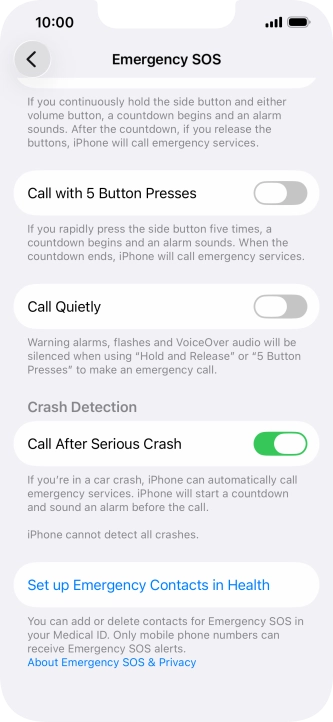Press Set up Emergency Contacts in Health and follow the instructions on the screen to key in your emergency info and emergency contacts. Press Set up Emergency Contacts in Health and follow the instructions on the screen to key in your emergency info and emergency contacts.