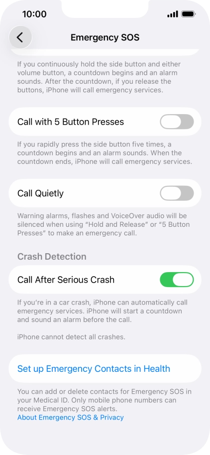 Press Set up Emergency Contacts in Health and follow the instructions on the screen to key in your emergency info and emergency contacts. Press Set up Emergency Contacts in Health and follow the instructions on the screen to key in your emergency info and emergency contacts.