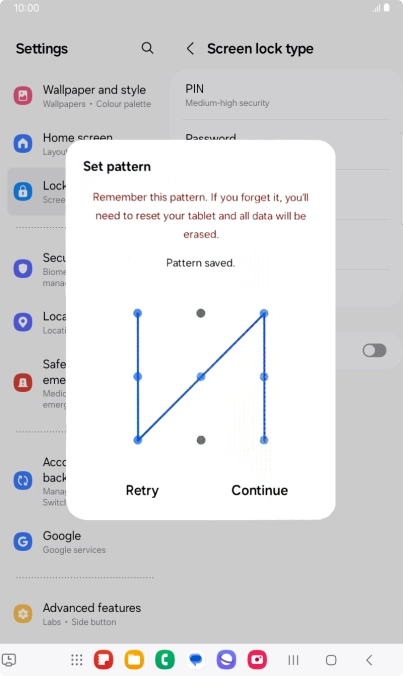 Slide your finger across the screen to connect at least four points and press Continue. Slide your finger across the screen to connect at least four points and press Continue.