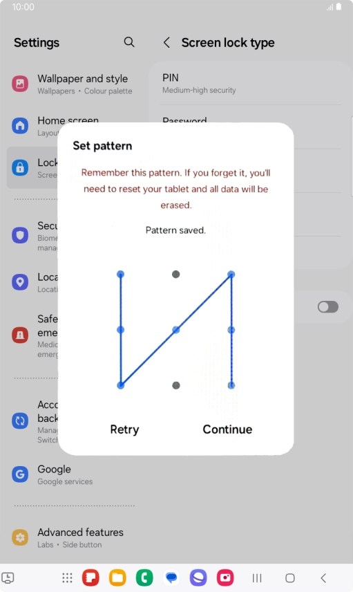 Slide your finger across the screen to connect at least four points and press Continue. Slide your finger across the screen to connect at least four points and press Continue.