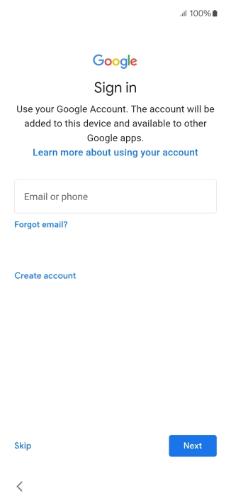 Press Email or phone and key in the username for your Google account. Press Email or phone and key in the username for your Google account.