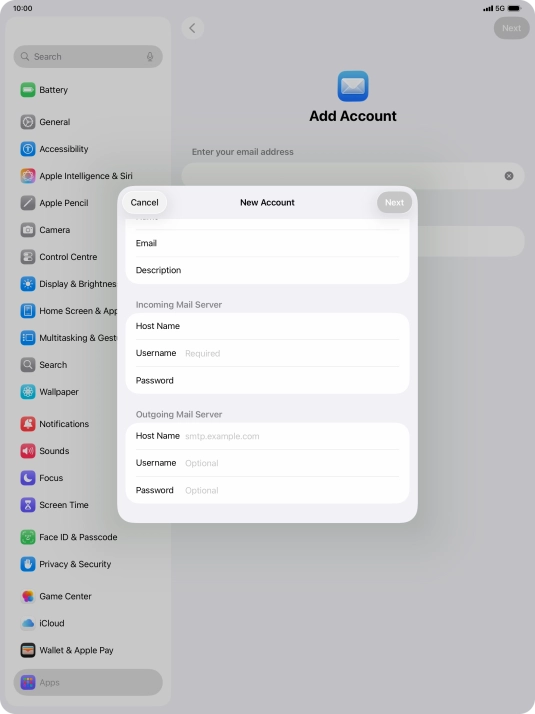 Press Username and key in the username for your email account. Press Username and key in the username for your email account.