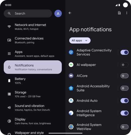 Press the indicator next to the required apps to turn the function on or off.