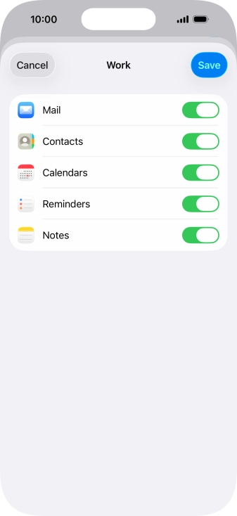 Press the indicators next to the required data types to turn synchronisation of each data type on or off.