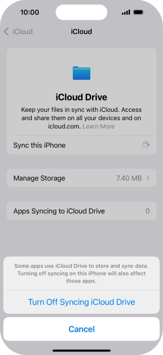 If you turn off the function, press Turn Off Syncing iCloud Drive. If you turn off the function, press Turn Off Syncing iCloud Drive.