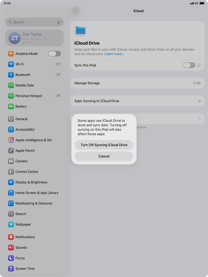 If you turn off the function, press Turn Off Syncing iCloud Drive. If you turn off the function, press Turn Off Syncing iCloud Drive.
