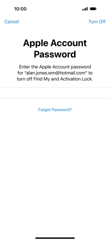 Key in the password for your Apple ID and press Turn Off. Wait a moment while the factory default settings are restored. Follow the instructions on the screen to set up your phone and prepare it for use.