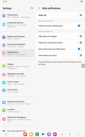 Press the indicators next to the required settings to turn display of the selected notification types on or off. Press the indicators next to the required settings to turn display of the selected notification types on or off.