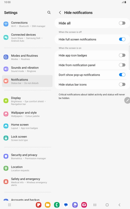 Press the indicators next to the required settings to turn display of the selected notification types on or off. Press the indicators next to the required settings to turn display of the selected notification types on or off.