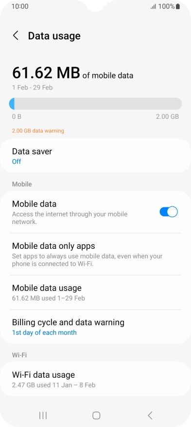 The total data usage is displayed. The total data usage is displayed.