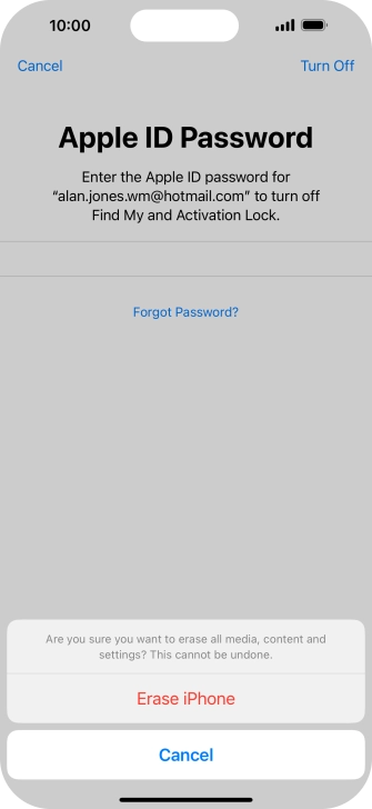 Key in the password for your Apple ID and press Erase iPhone. Wait a moment while the factory default settings are restored. Follow the instructions on the screen to set up your phone and prepare it for use. Key in the password for your Apple ID and press Erase iPhone. Wait a moment while the factory default settings are restored. Follow the instructions on the screen to set up your phone and prepare it for use.