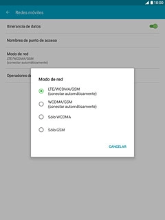 Pulsa LTE/WCDMA/GSM (conectar automáticamente), WCDMA/GSM (conectar automáticamente), Sólo WCDMA o Sólo GSM.