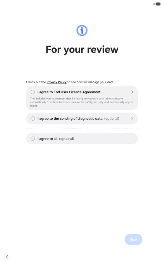 Press the fields next to the required settings to select them.