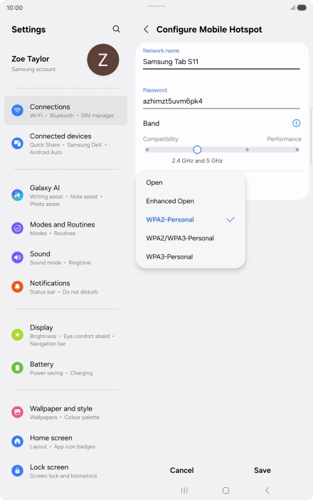 Press WPA3-Personal to password protect your Wi-Fi hotspot.