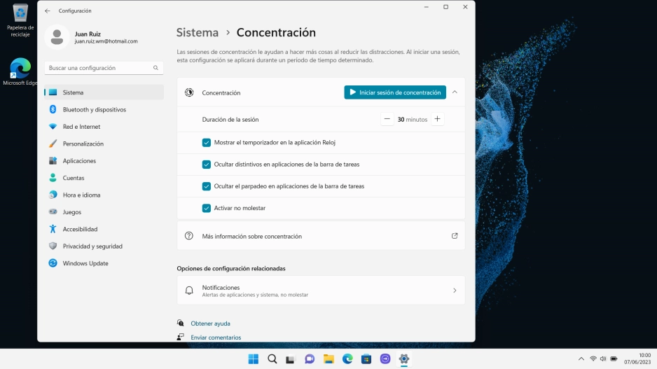 Sigue las indicaciones de la pantalla para seleccionar los ajustes deseados del modo de concentración.