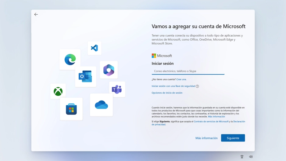 Si no tienes una cuenta de Microsoft, haz clic en Cree una. y sigue las indicaciones de la pantalla para crear una cuenta de Microsoft.