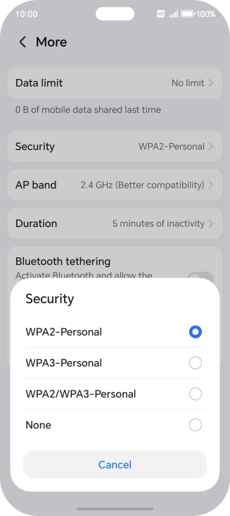 Press WPA3-Personal to password protect your Wi-Fi hotspot.