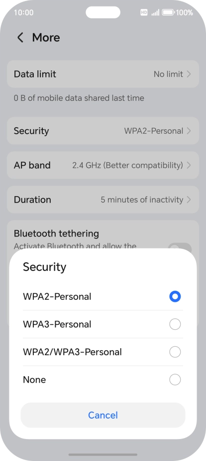 Press WPA3-Personal to password protect your Wi-Fi hotspot.