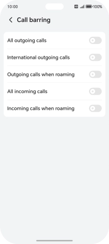 Press the indicator next to the required barring type to turn the function on or off.