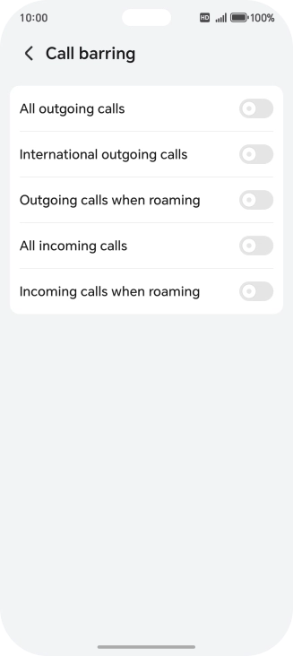 Press the indicator next to the required barring type to turn the function on or off.