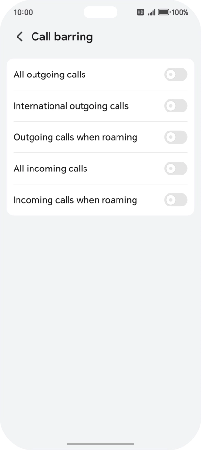 Press the indicator next to the required barring type to turn the function on or off.