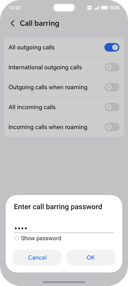 Key in your barring password and press OK. The default barring password is 1919.