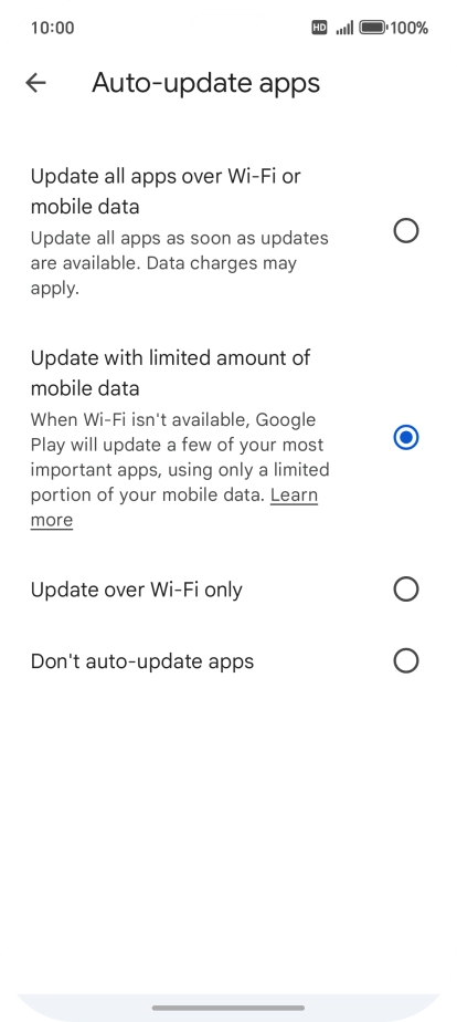 To turn on automatic update of apps using mobile network, press Update all apps over Wi-Fi or mobile data.