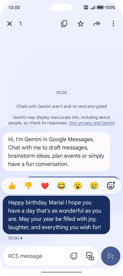 Press and hold the text suggestion from Gemini. Follow the instructions on the screen to use the text suggestion. Press and hold the text suggestion from Gemini. Follow the instructions on the screen to use the text suggestion.