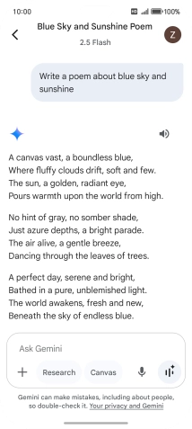 You can ask Gemini to generate a text based on your description. You can ask Gemini to generate a text based on your description.