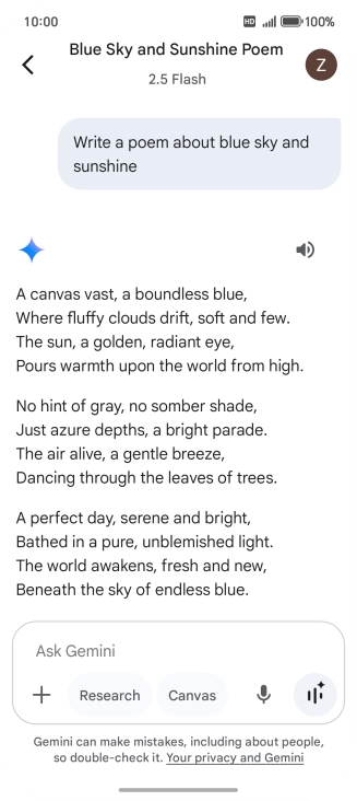You can ask Gemini to generate a text based on your description. You can ask Gemini to generate a text based on your description.