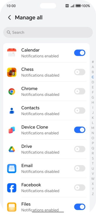 Press the indicators next to the required apps to turn the function on or off.