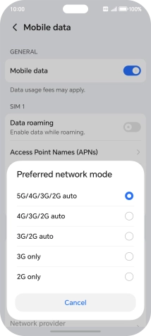 Press the required network mode.