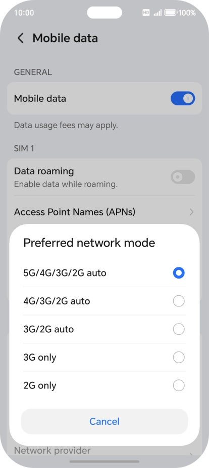 Press the required network mode.