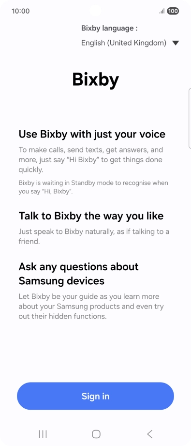 Press Sign in and follow the instructions on the screen to log on to your Samsung account.