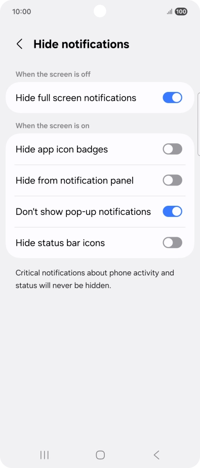 Press the indicators next to the required settings to turn display of the selected notification types on or off. Press the indicators next to the required settings to turn display of the selected notification types on or off.